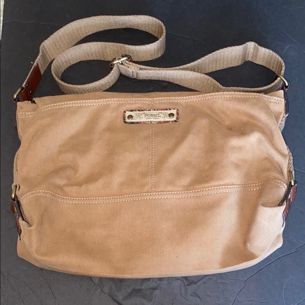 Fossil Tan Canvas Shoulder/Crossbody Bag with Adjustable Strap